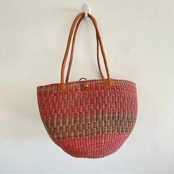 Jute Woven Colorful Rounded Bag Leather Straps Natural Grass Summer Beach - Picture 6 of 10